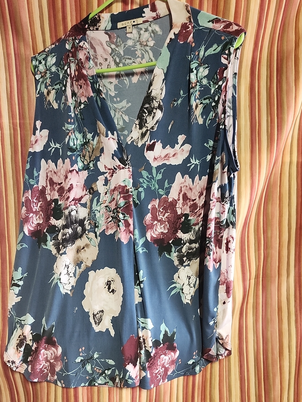 Beacon Blue Floral Sleeveless V-Neck Blouse with Pink and Cream Blooms
